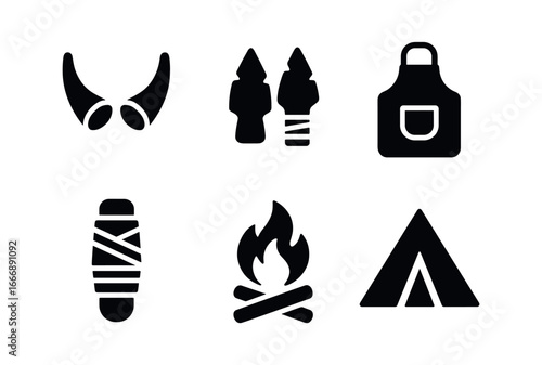 vector solid black filled icons fletcher (historic style): horn tips stone heads sinew binding leather apron fire tent.