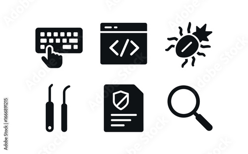 vector solid black filled icons vulnerability (penetration test): keyboard combo code window exploit icon lockpick report doc magnifier.