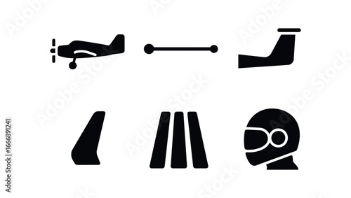 vector solid black filled icons gliding (aerotow launch): tug plane tow line glider tail winglet tip runway stripe pilot helmet.