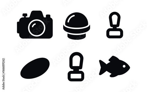 vector solid black filled icons marine biologist (underwater camera): camera housing dome port shadow smear highlight rim strap clip fish icon.