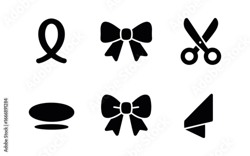 vector solid black filled icons florist at work (ribbon bow): ribbon loop bow knot scissors icon shadow smear light rim fabric fold.