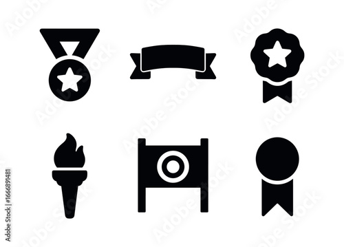 vector solid black filled icons elation (motivational emblems): medal star banner ribbon badge pin victory torch goal success ribbon.