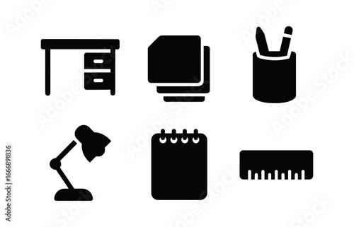 vector solid black filled icons proofreader (workspace): tidy desk stacks of paper pen holder lamp notepad ruler.