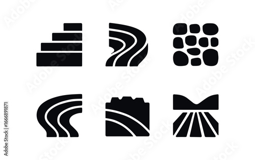 vector solid black filled icons terrace field (land shapes): step field curved terrace stone wall contour ridge earthen bank valley floor.