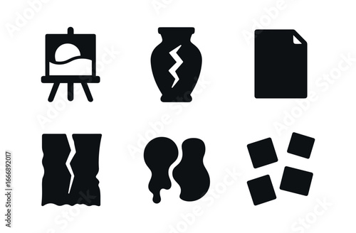 vector solid black filled icons inner conflict (creative): half finished painting broken clay pot blank page torn fabric two colors blending scattered notes.