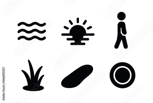 vector solid black filled icons sunset stroll (river bank): water shimmer sun reflection figure silhouette grass tuft shadow smear light rim.