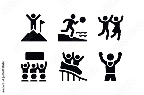 vector solid black filled icons elation (uplifting activities): mountain summit beach run dancing duo concert cheer rollercoaster ride sports victory.