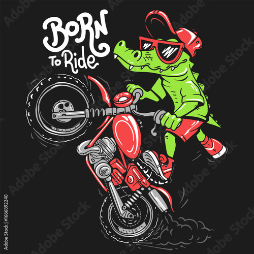 Crocodile doing a wheelie on a motorcycle, cartoon biker wearing a cap and sunglasses, perfect for t-shirt design