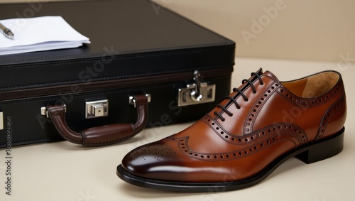 Elegant Brown Leather Oxford Shoe with Classic Briefcase – Business Style Concept