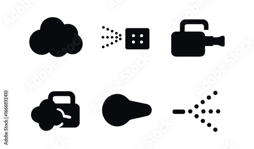 vector solid black filled icons pest control spray (fogger unit): fog cloud nozzle grid handle outline cloud plume shadow smear ground dot.