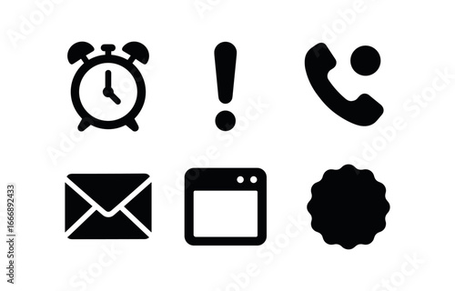 vector solid black filled icons notebook planner (reminders): alarm clock exclamation mark phone alert email envelope pop up window sticky badge.