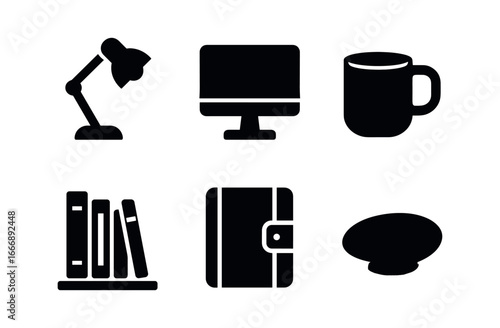 vector solid black filled icons established adulthood (home office): desk lamp monitor stand coffee mug bookshelf planner shadow smear.