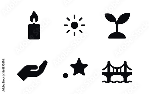 vector solid black filled icons faint hope (symbols): small candle distant light single sprout open hand star in dark sky bridge in mist.