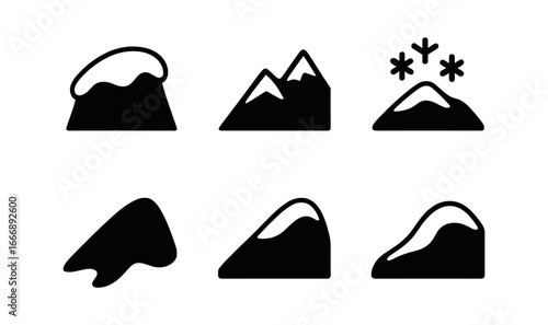 vector solid black filled icons ridge (snow ridge): snow cap crest line frost crystals shadow smear light rim snow drift.