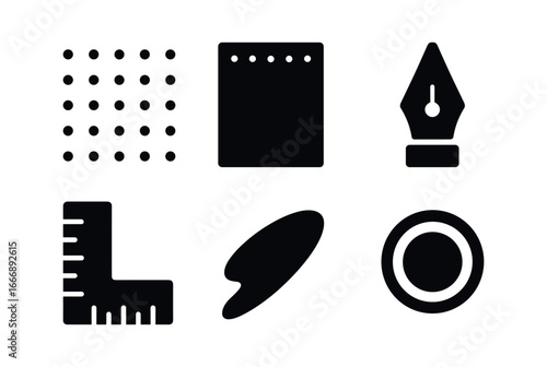 vector solid black filled icons bullet journal (dot grid): dot matrix border header pen nib ruler edge shadow smear light rim.