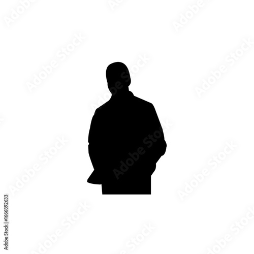 A simple, bold silhouette of a man wearing a jacket, presented against a pure white background.