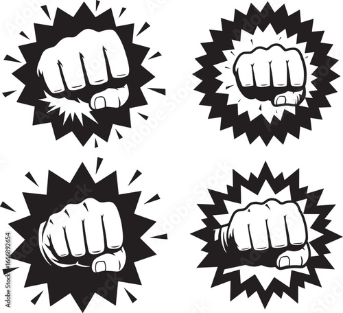 Four fist punch impact burst silhouette