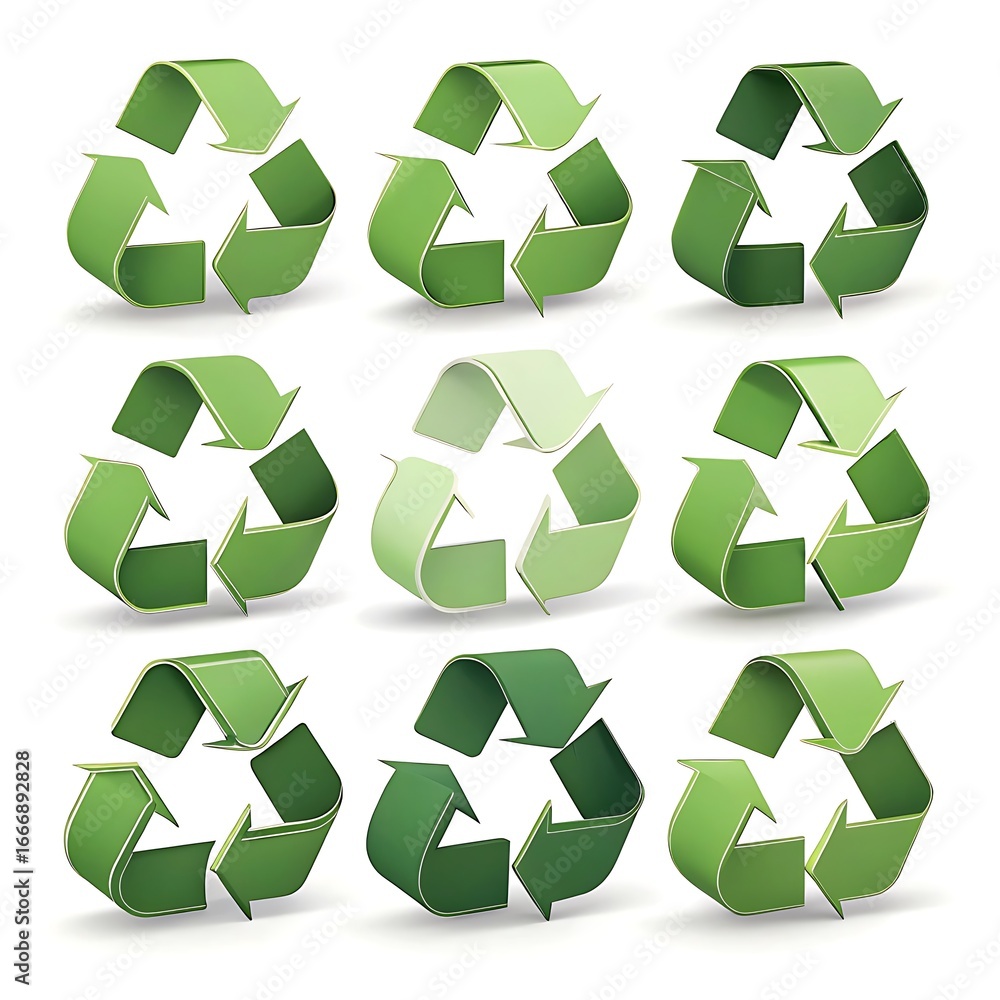 Obraz premium Nine green recycling symbols arranged in a grid on a white background