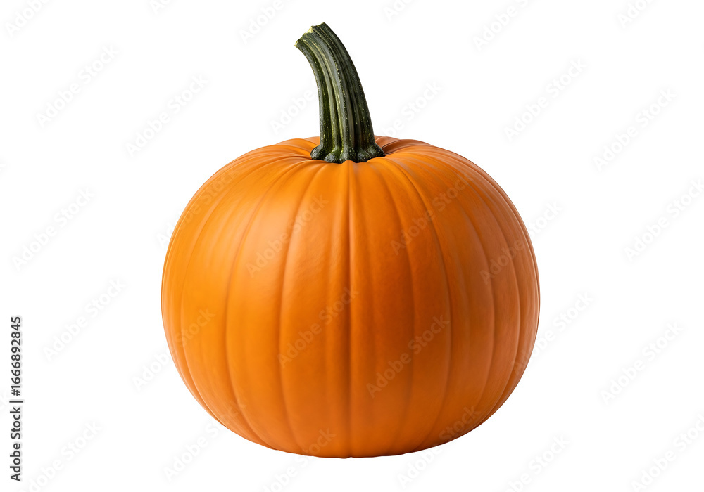 Vibrant, round orange pumpkin against a stark black background, showcasing its smooth, ribbed exterior.