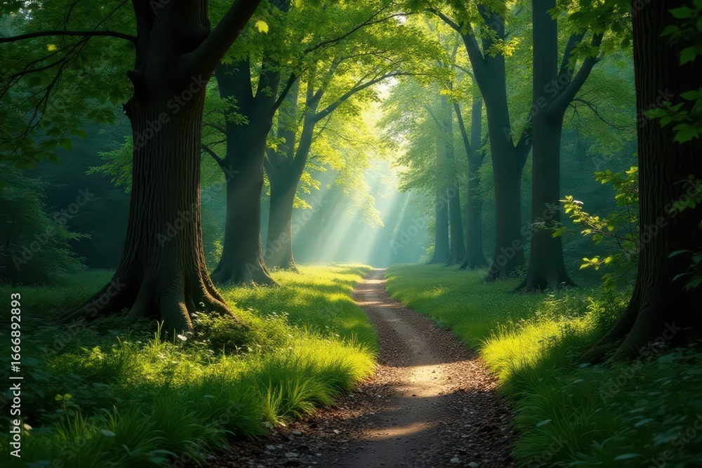 Fototapeta premium Sun-dappled path winds through ancient, shadowy woods, vibe, sunlight, shadow