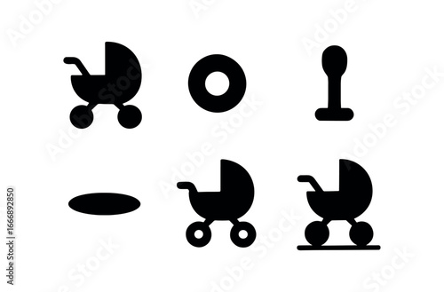 vector solid black filled icons young parenthood (stroller): stroller silhouette wheel icon knob handle shadow smear highlight rim ground line.