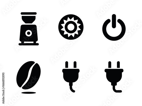 vector solid black filled icons coffee grinder (electric burr): burr outline power button bean icon cord plug shadow smear light rim.