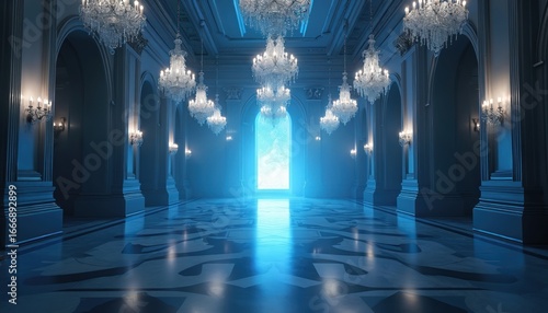 Grand ballroom interior features ornate crystal chandeliers, dark blue ambiance. Reflective marble floor intricate patterns. Tall columns, arched doorways define space, leading to bright, glowing