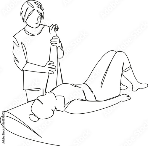 One continuous single drawing line art flat doodle doctor, patient, care, hand, physical therapy, chiropractor, medicine, pain. Isolated image hand draw contour on a white background, hand drawn, not 