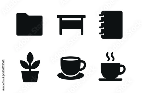 vector solid black filled icons accordion folder (minimal): plain folder neutral tones clean desk notebook plant coffee cup.