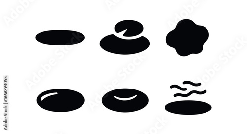 vector solid black filled icons fen (bog pool): water pool lily pad shadow smear highlight rim reflection arc mist haze.