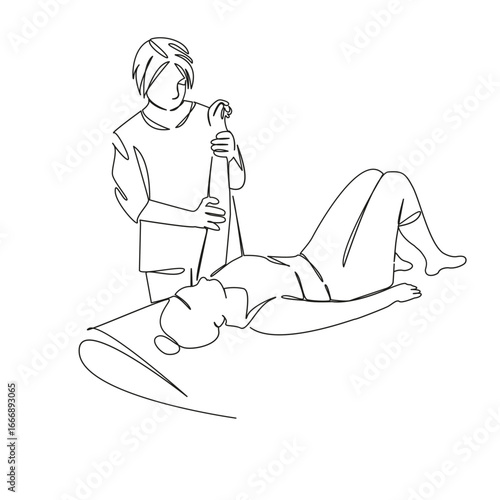 One continuous single drawing line art flat doodle doctor, patient, care, hand, physical therapy, chiropractor, medicine, pain. Isolated image hand draw contour on a white background, hand drawn, not 