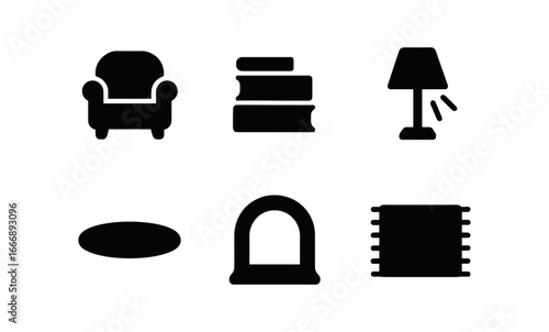 vector solid black filled icons settled adulthood (book nook): armchair icon book stack lamp light shadow smear highlight rim rug outline.