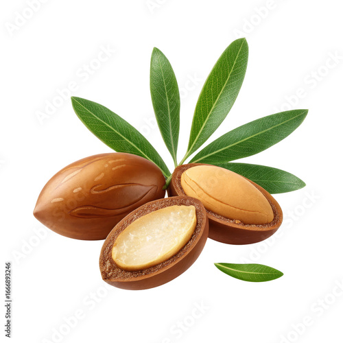 Argan Nut with Leaves High-Resolution 3D Render, Isolated on Transparent Background, Argan oil, natural, organic