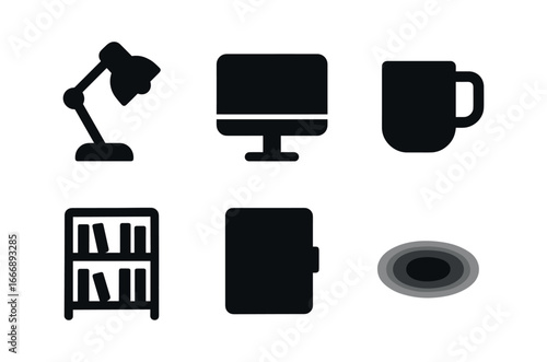 vector solid black filled icons established adulthood (home office): desk lamp monitor stand coffee mug bookshelf planner shadow smear.
