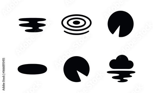 vector solid black filled icons tranquility (calm pond): water surface rings lily pad shadow smear highlight rim sky reflection.