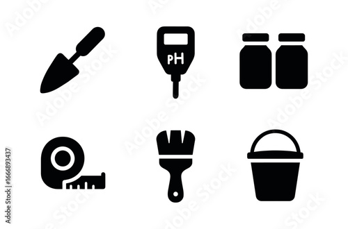 vector solid black filled icons soil scientist (equipment): trowel pH meter jars measuring tape brush bucket.