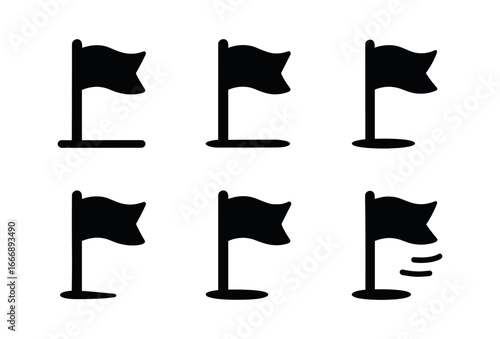 vector solid black filled icons Scavenger quest (flag marker): flag icon pole stake ground line shadow smear highlight rim motion curl.