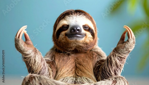A meditating sloth conveys inner peace and mindfulness, serving as a metaphor for slowing down, relaxation, and the wellness trend in modern lifestyles