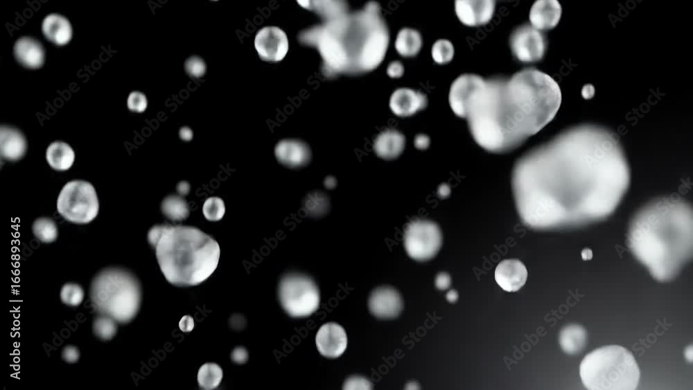 Abstract image of many light gray, round, and slightly irregular shapes in motion against a black background