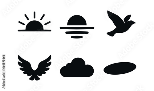 vector solid black filled icons hopefulness (sunrise beam): sun rays sky gradient bird flight open wings light haze shadow smear.