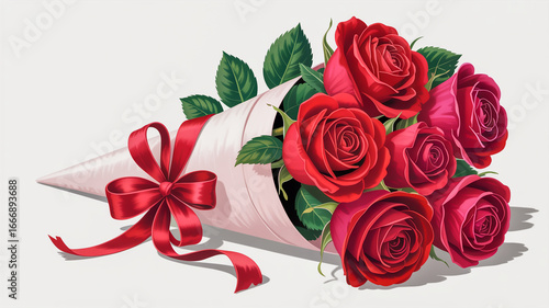 Stunning bouquet of vibrant red roses elegantly wrapped with a satin bow, perfect for romantic occasions