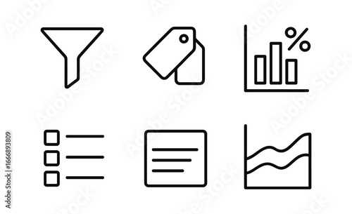 vector outline icons email campaign analytics (segment performance): filter funnel segment tags bar chart percent labels legend box shadow.