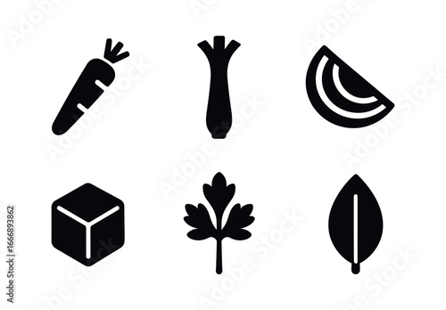 vector solid black filled icons soup ingredients set (vegetable mix): carrot stick celery rib onion wedge potato cube parsley sprig bay leaf.