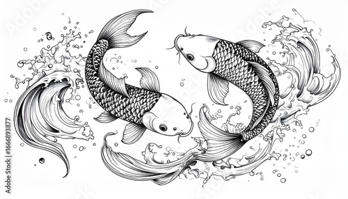 Two intricately drawn koi fish swimming among stylized waves, representing harmony, flow, and Eastern-inspired artistic expression in a monochrome ink style