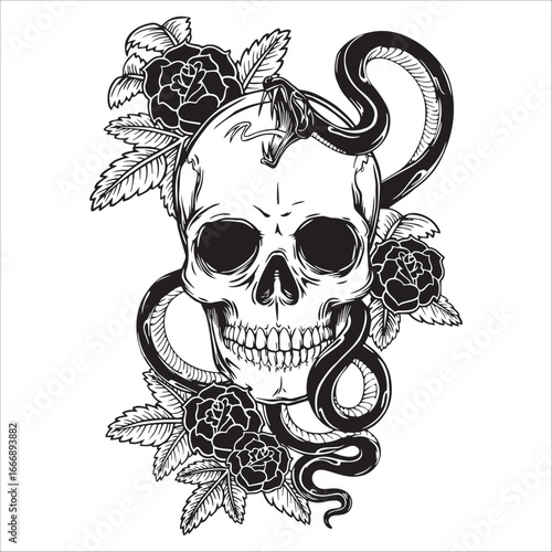 Skull With Snake And Roses Tattoo Art