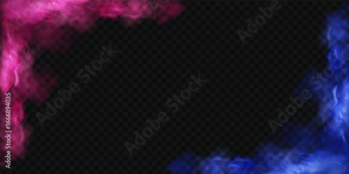 Realistic red and blue smoke clouds with neon glow on a black background, fog overlay effect for sport versus confrontation.
