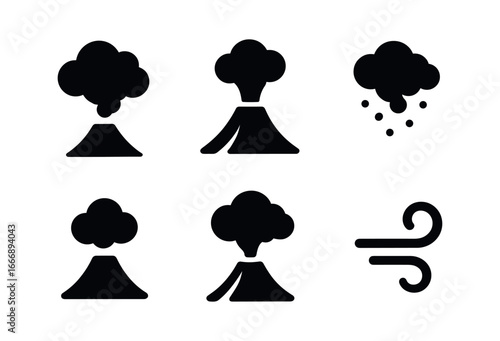 vector solid black filled icons Volcanologist (eruption plume): ash cloud volcanic cone shadow smear highlight rim particle dots wind swirl.