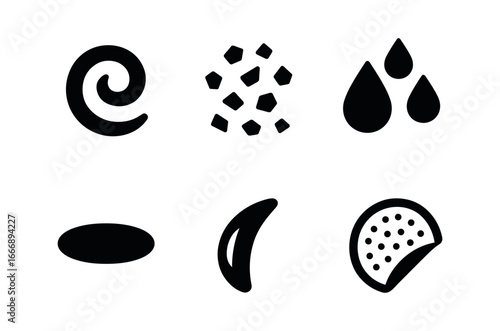 vector solid black filled icons zest (grapefruit spiral): grapefruit curl peel bits juice drips shadow smear light accent rind dots.