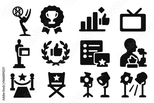 TV Awards Icons. Solid style icons of TV awards and recognition: Emmy trophy, best show badge, viewership rating chart, critic's