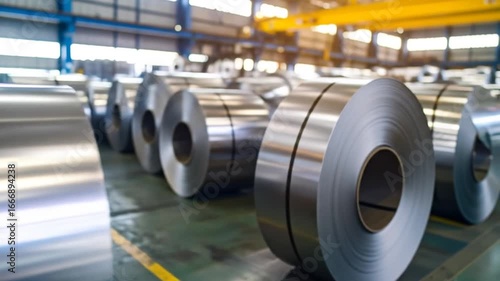 Close Up of Rolled Steel Coils in a Factory with Warm Lighting on Green Floor Under a Blue and Yellow Structure